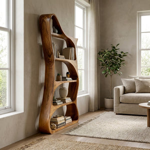 Modern Sculptural Natural Wood Bookshelf For Living Room