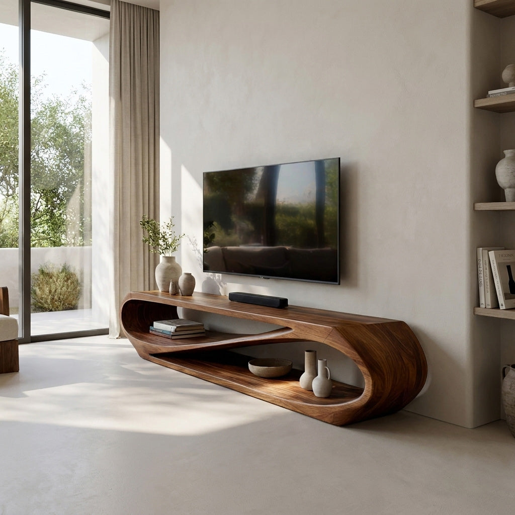 Sculptural Natural Wood TV Console For Modern Living Room
