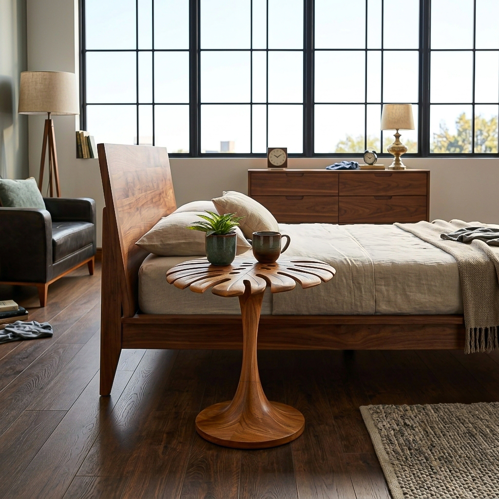 Sculptural Wood Side Table With Leaf Shape Top For Living