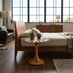 Sculptural Wood Side Table With Leaf Shape Top For Living
