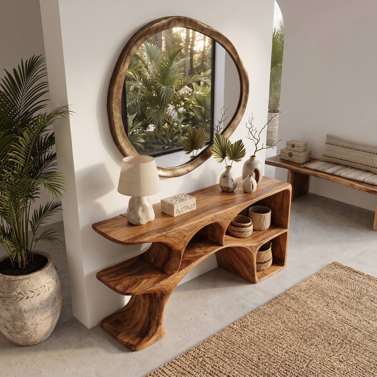 Modern Wooden Console Table With Sculptural Open Shelves For Living