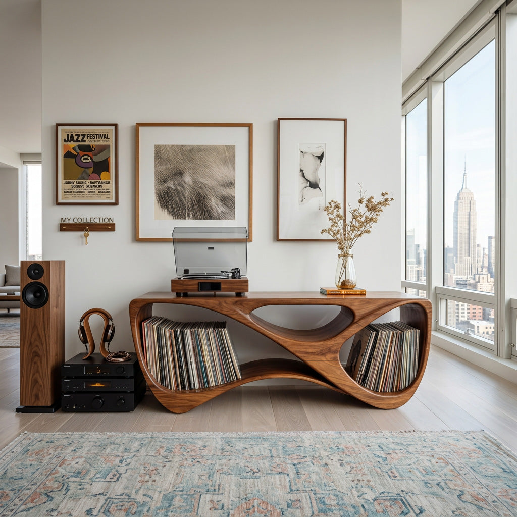 Contemporary Rounded Vinyl Record Console For Living Room
