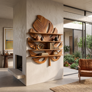 Artistic Wooden Tropical Leaf Wall Mounted Bookshelf For Home Decor