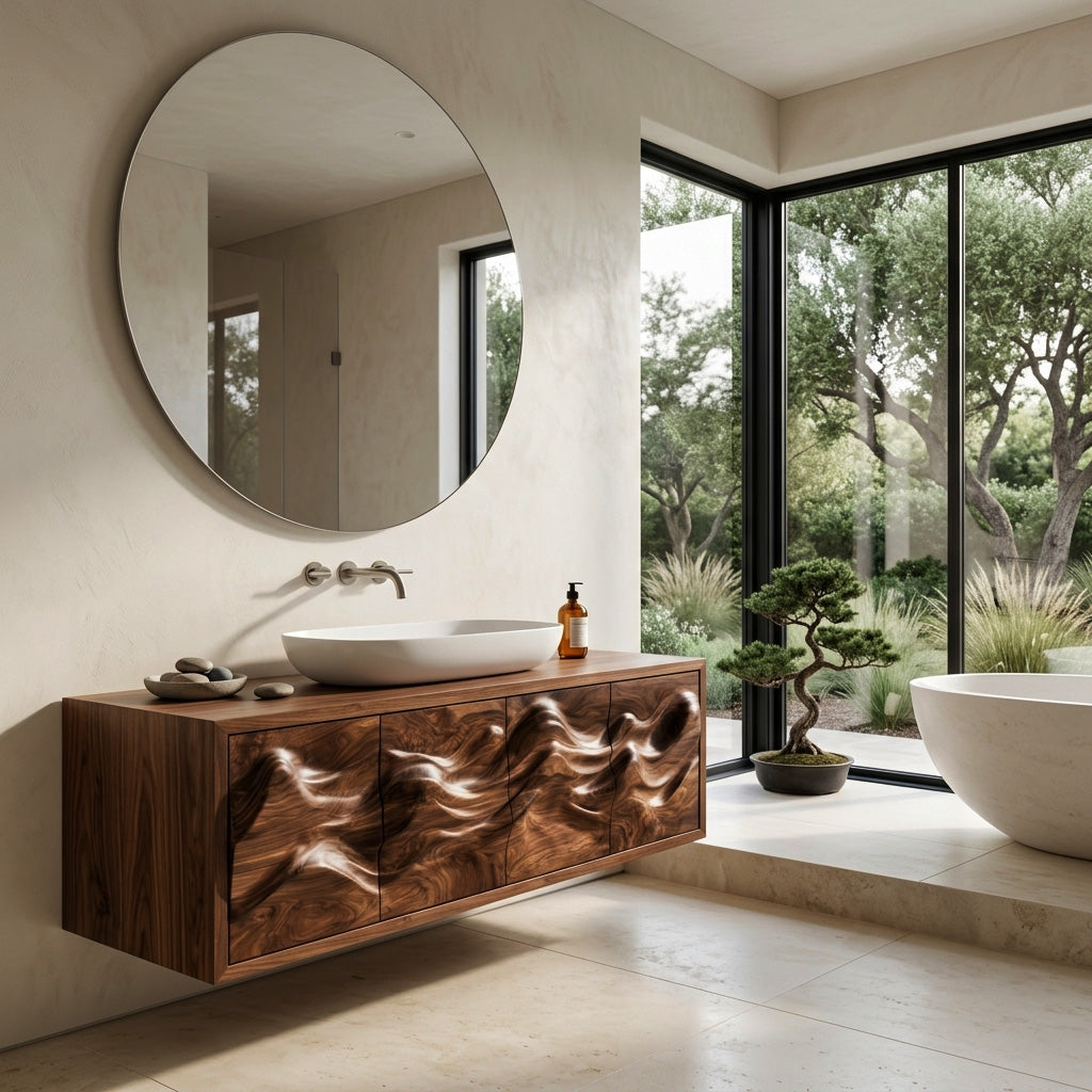 Organic Bathroom Vanity With Carved Mountain Front For Luxury Bathroom