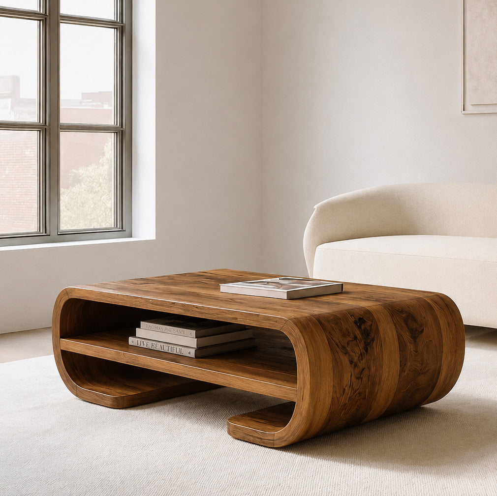 Contemporary Organic Coffee Table With Storage Shelf For Living