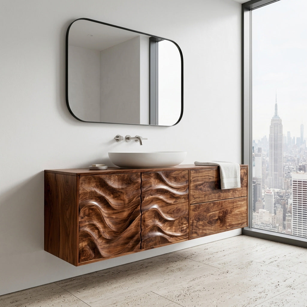 Modern Wave Carved Floating Bathroom Vanity For Master Bathroom
