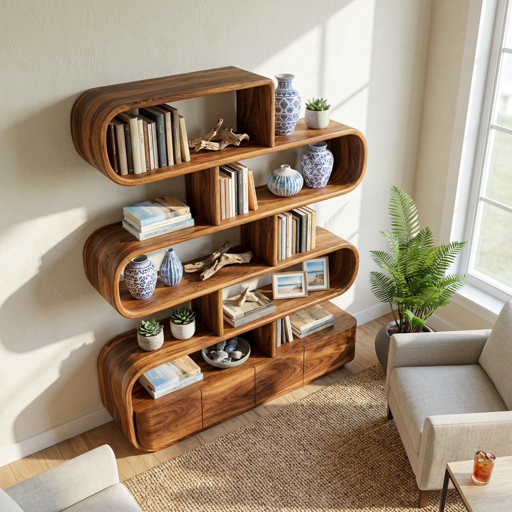 Organic Wooden Bookshelf With Flowing Form For Home Interior