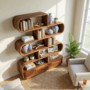 Organic Wooden Bookshelf With Flowing Form For Home Interior