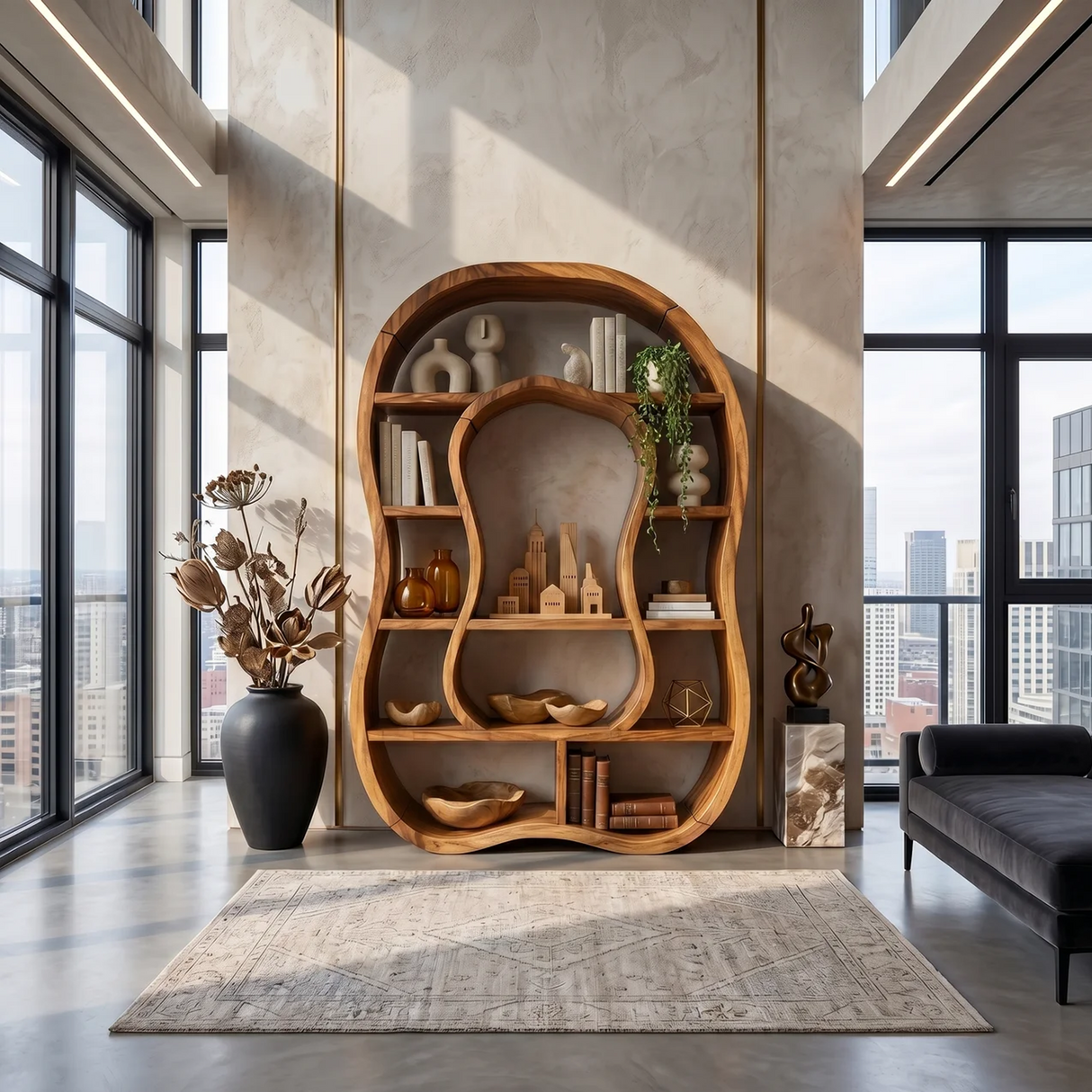 Sculptural Wooden Bookcase With Organic Open Design