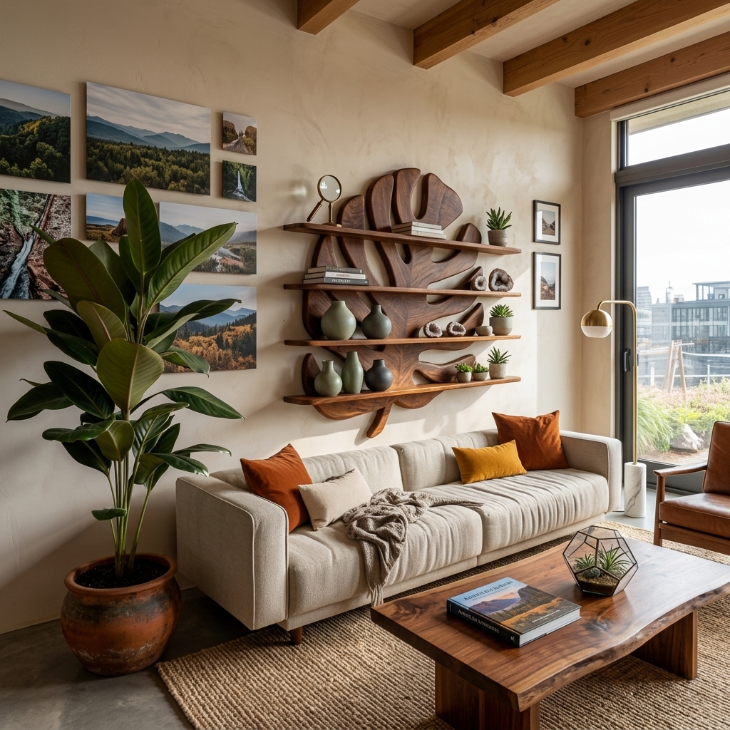 Modern Wooden Tropical Monstera Leaf Floating Bookshelf For Office