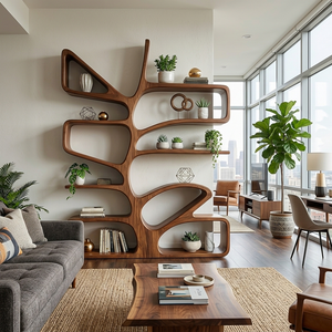 Organic Wooden Bookcase With Sculptural Form For Living Space