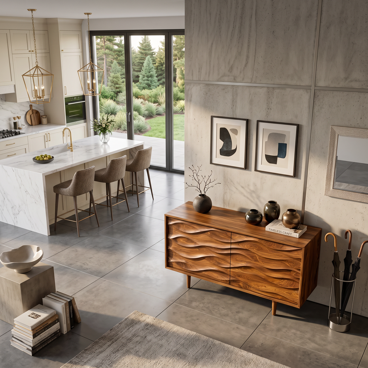 Contemporary Sideboard With Carved Wave Front Panels For Home