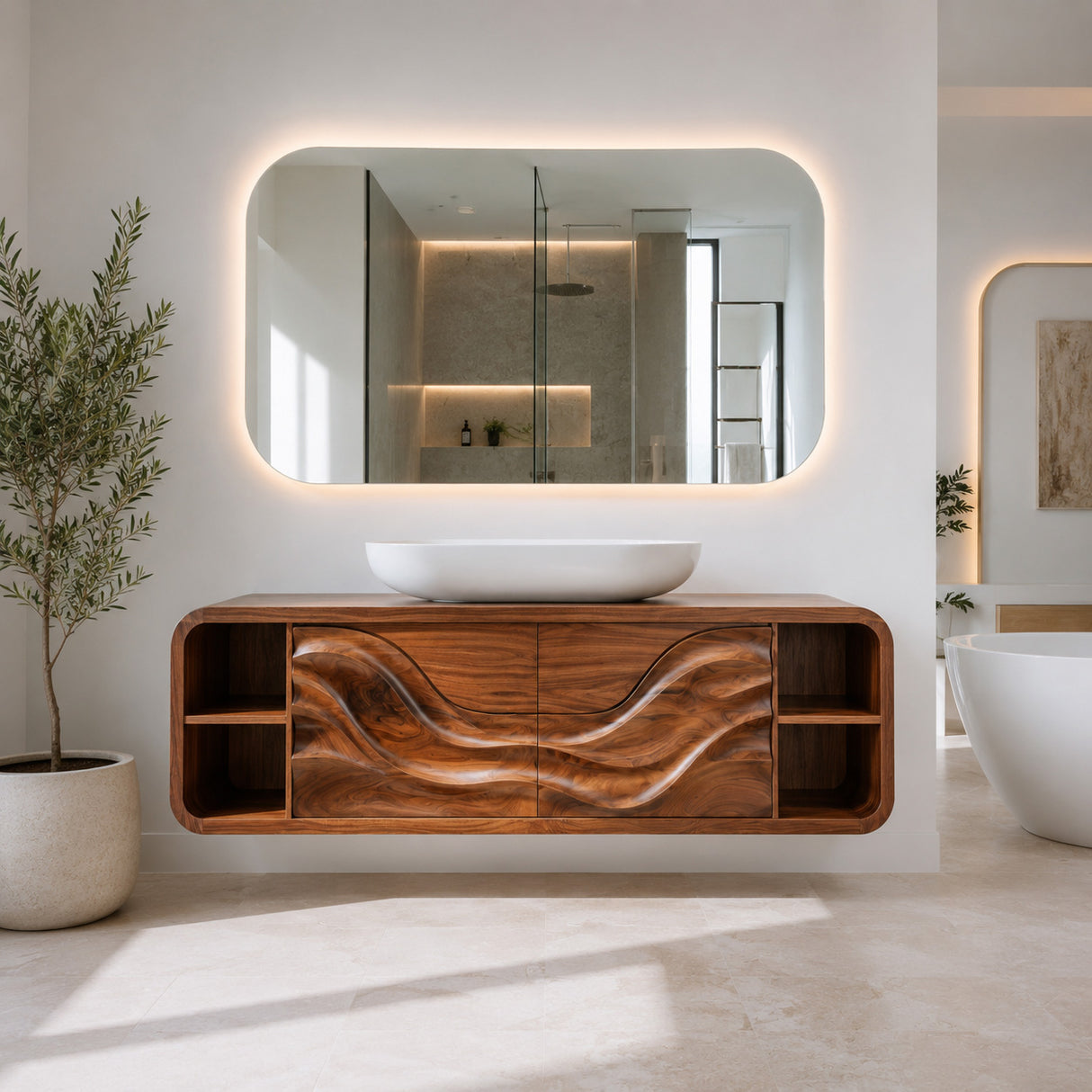 Organic Floating Bathroom Cabinet With Open Shelves For Spa Bathroom