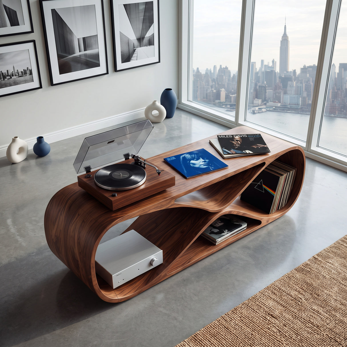 Contemporary Sculptural Wooden Record Player Console For Living Room