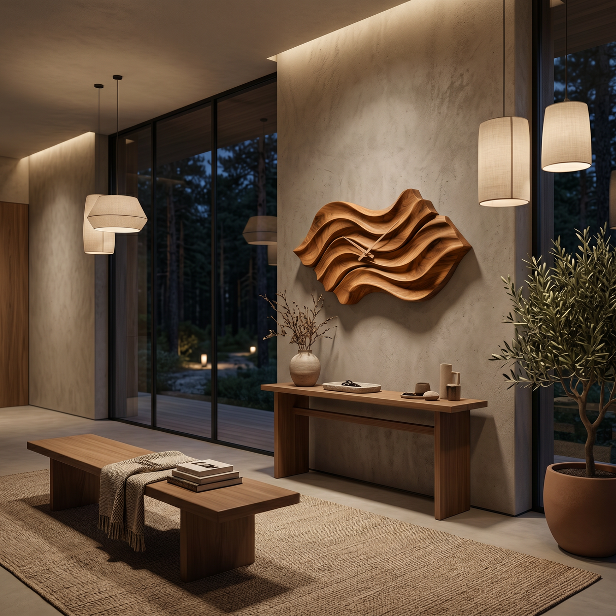 Modern Wooden Wall Clock With Organic Wavy Form For Bedroom