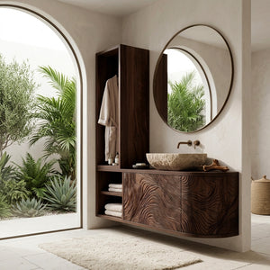 Organic Carved Bathroom Vanity With Linen Tower Side For Bathroom