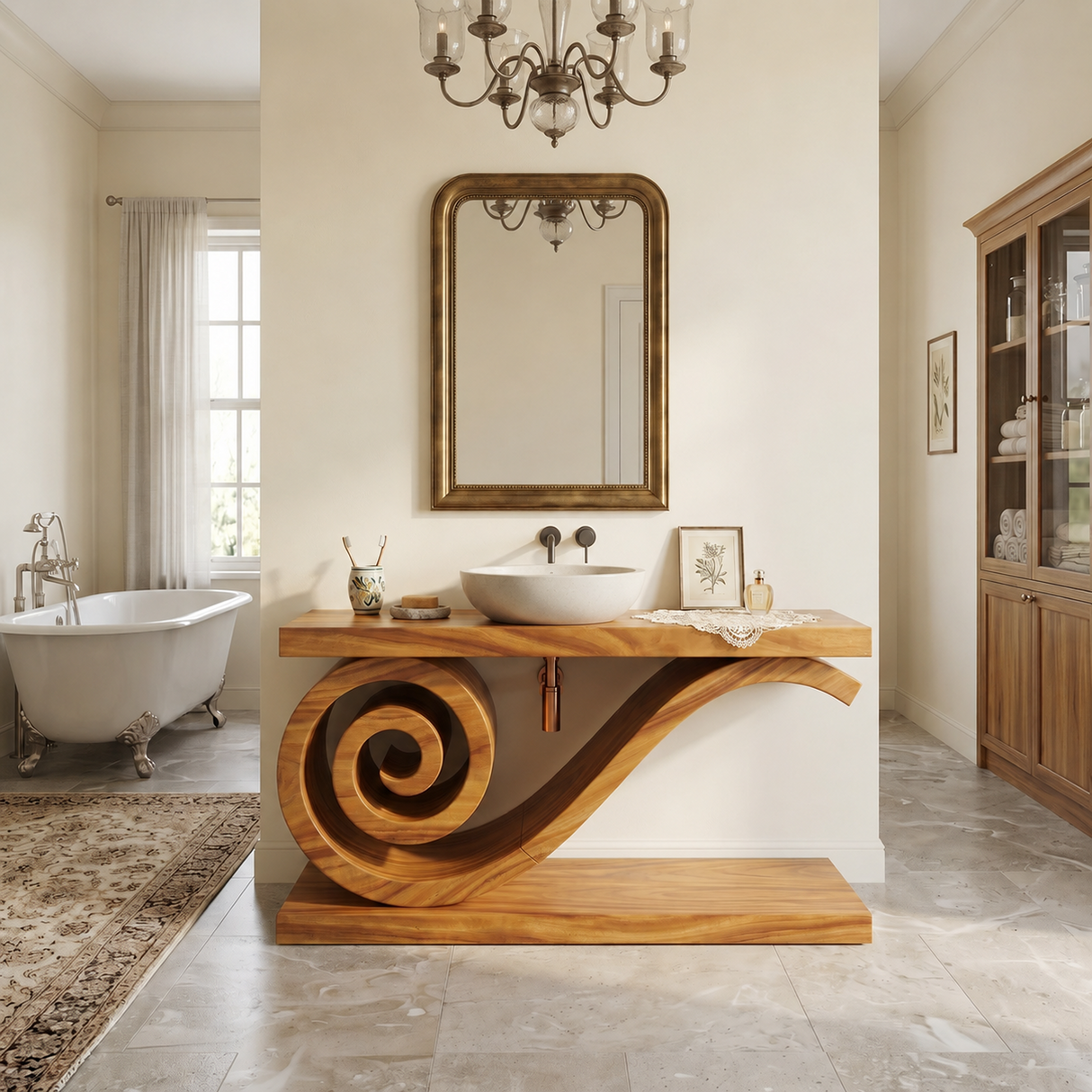 Sculptural Monkeypod Wood Vanity With Vessel Sink Luxury Bathroom