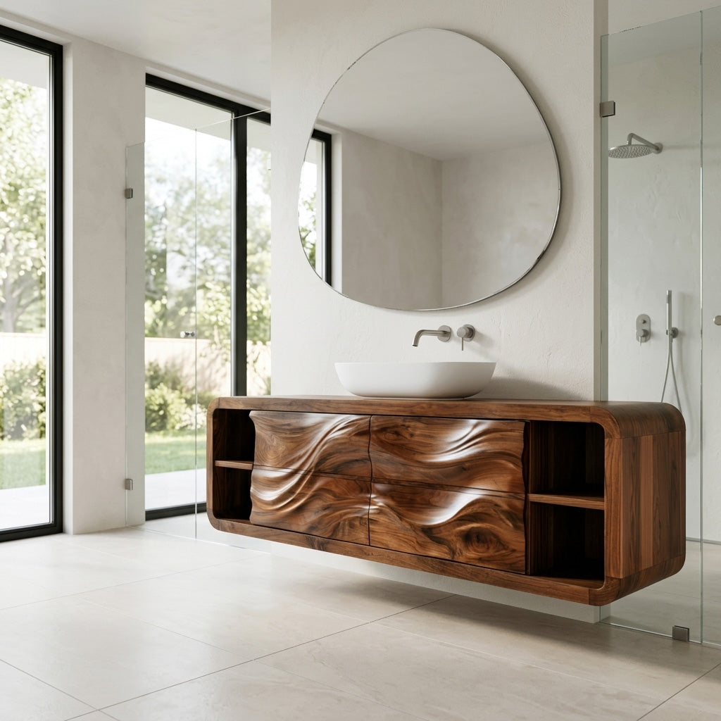 Handcrafted Floating Bathroom Cabinet With Open Shelf Sides For Bathroom