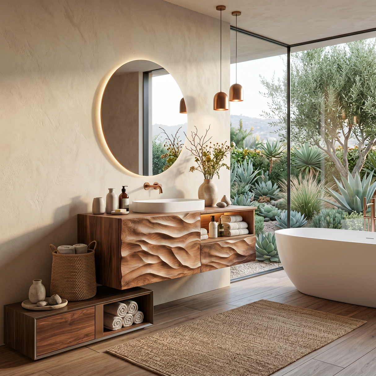 Modern Floating Bathroom Vanity With Wave Carved Cabinet For Bathroom