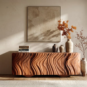 Farmhouse Wooden Sideboard With Carved Wave Doors For Living Storage