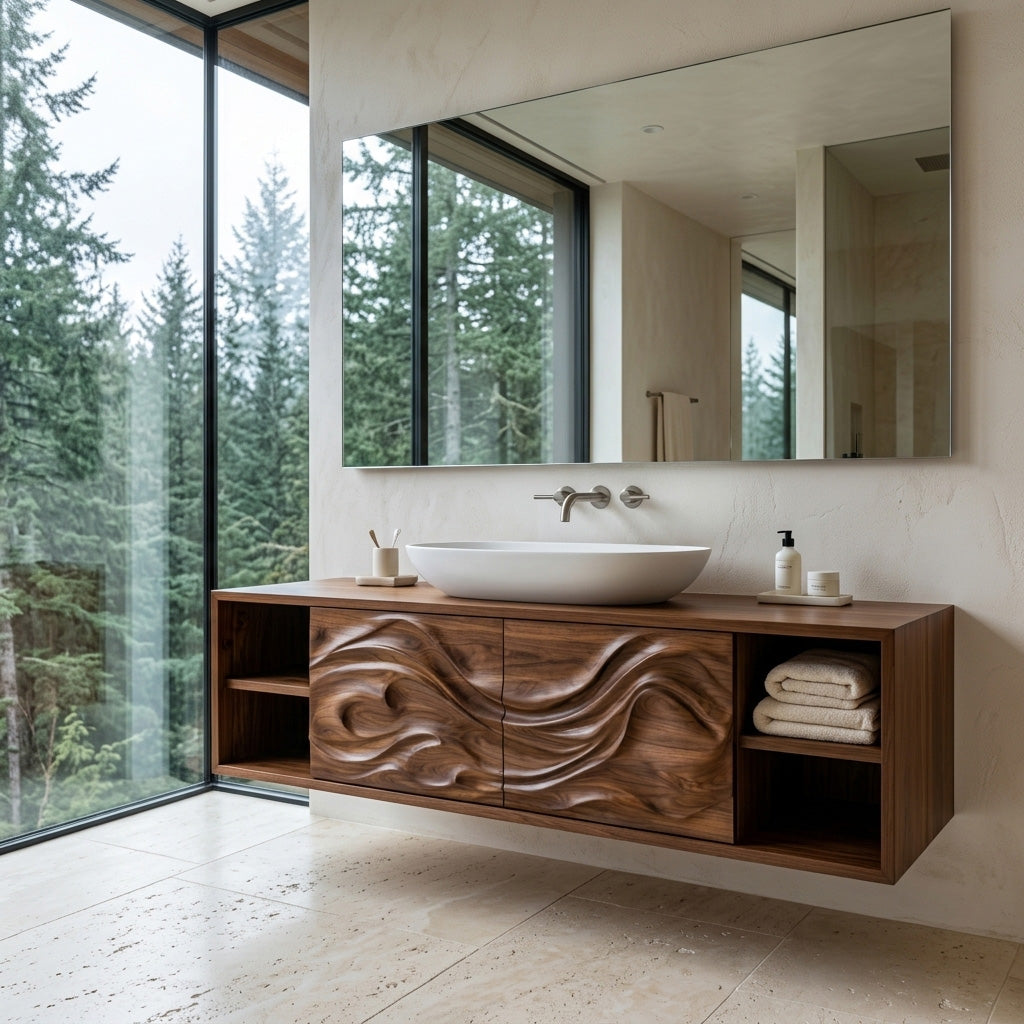 Modern Wave Carved Floating Bathroom Vanity For Designer Bathroom