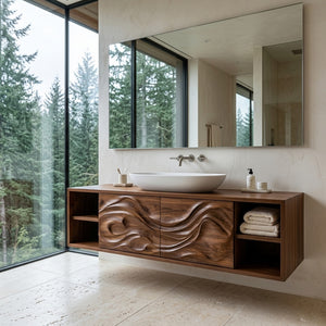 Modern Wave Carved Floating Bathroom Vanity For Designer Bathroom