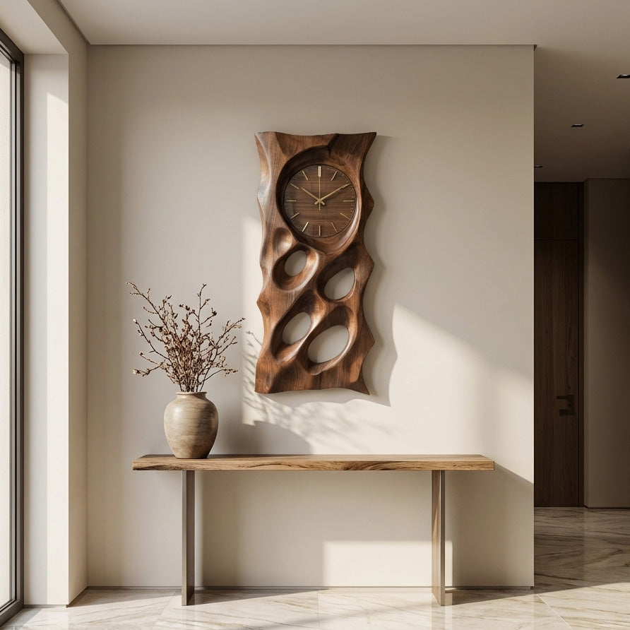 Organic Wooden Wall Clock With Hollow Form For Living Room