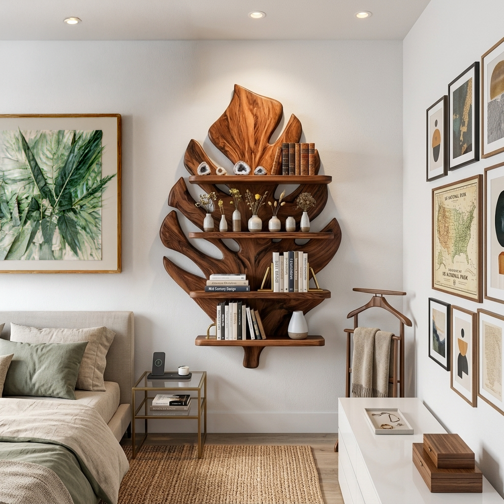 Wooden Tropical Leaf Wall Bookshelf For Living Room