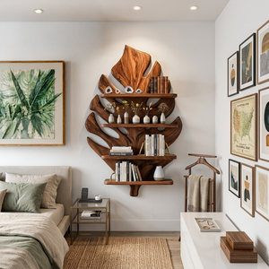 Wooden Tropical Leaf Wall Bookshelf For Living Room