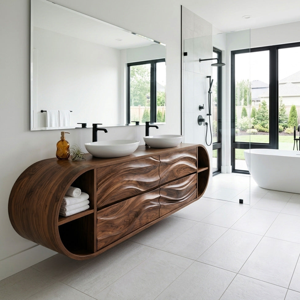 Luxury Wave Carved Bathroom Vanity With Open Storage For Bathroom