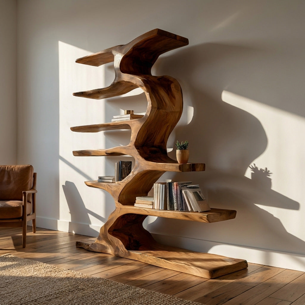 Organic Sculptural Wooden Bookshelf With Tiers For Living Room