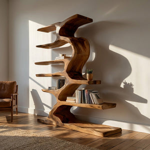 Organic Sculptural Wooden Bookshelf With Tiers For Living Room