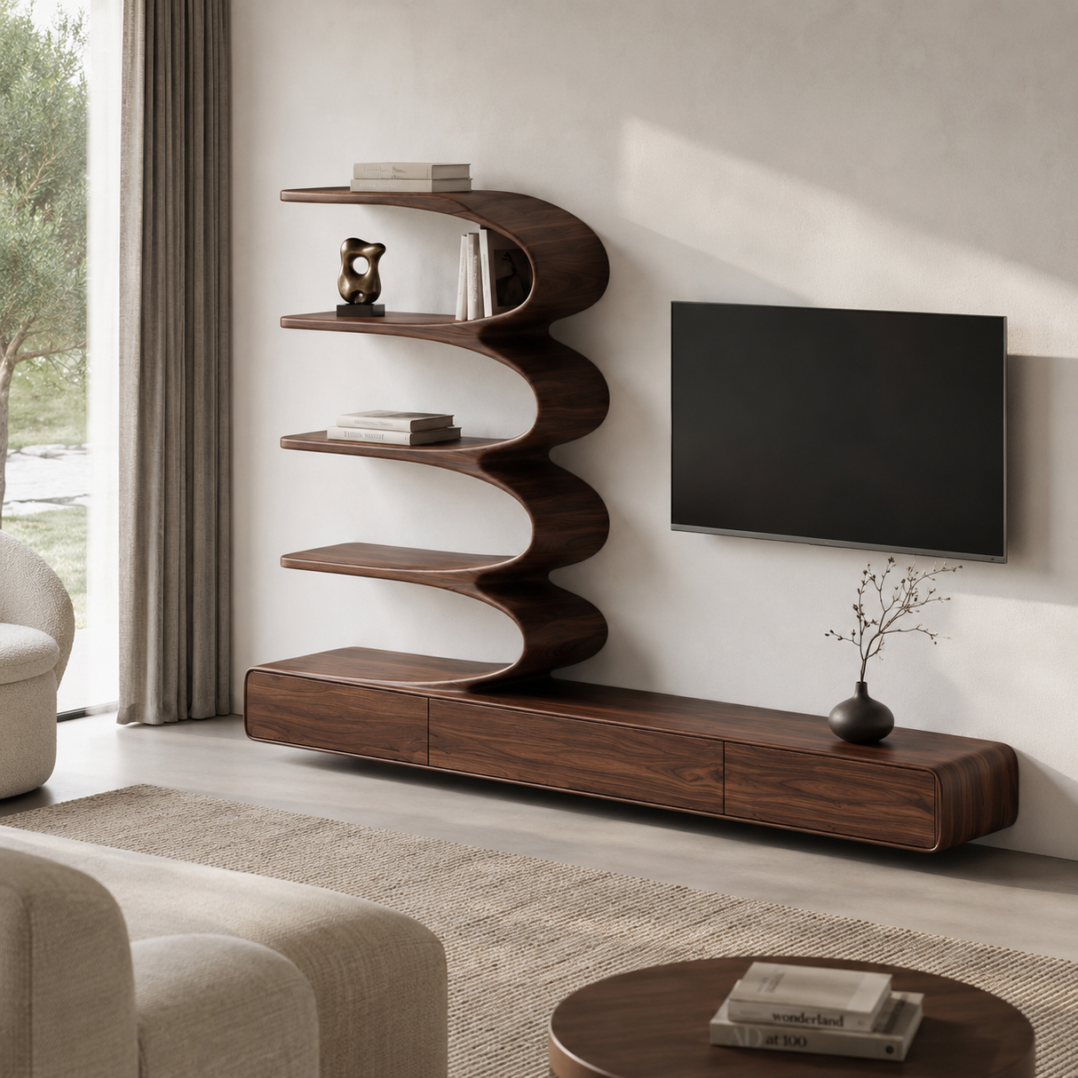Minimalist Curved TV Console With Drawers For Living Design