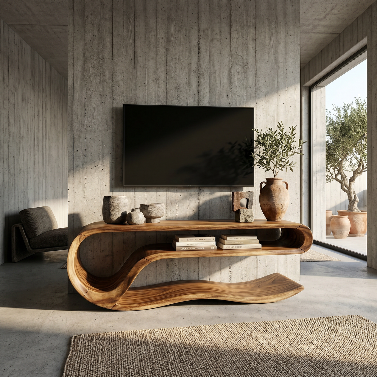 Organic Curved Media Console For Lake House Living Room