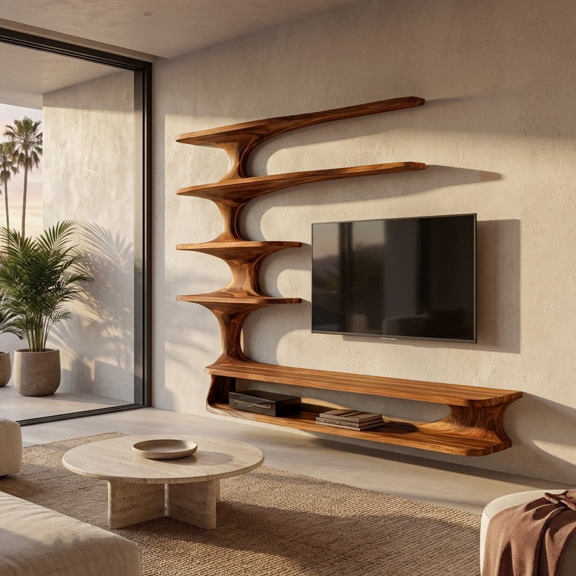 Modern Natural Wood TV Console With Shelving For Living