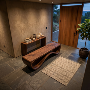 Artistic Wooden Bench With Unique Flowing Base For Modern Home