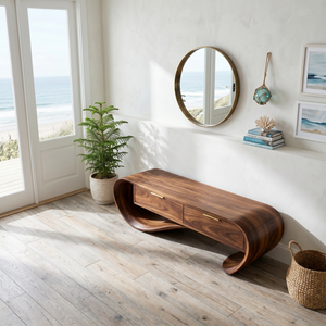 Contemporary Curved Bench With Drawer Storage For Entryway Interior