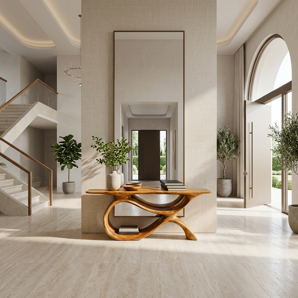 Modern Wooden Console Table With Curved Open Storage For Home