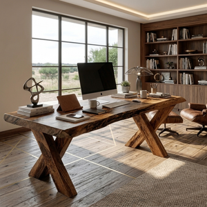 Rustic Live Edge Desk With X Legs For Home Office