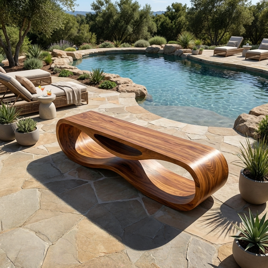 Sculptural Wooden Bench With Unique Wave Base For Entryway