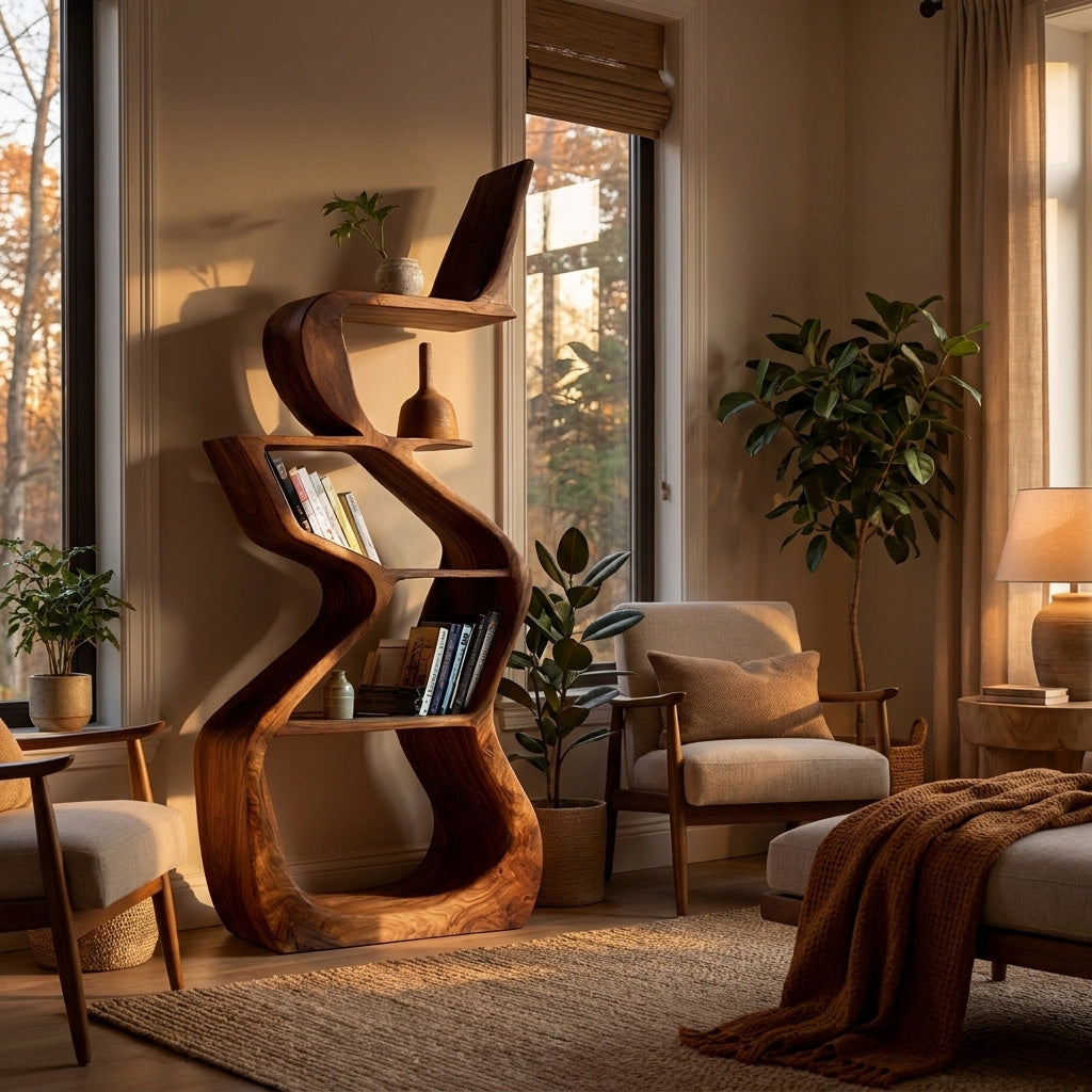 Sculptural Wooden Bookshelf For Living Room Corner