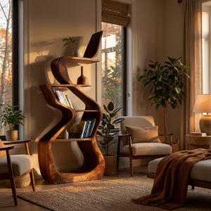 Sculptural Wooden Bookshelf For Living Room Corner