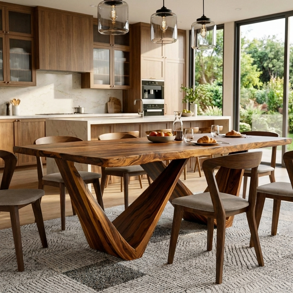 Farmhouse Wooden Dining Table With Statement Base For Interior