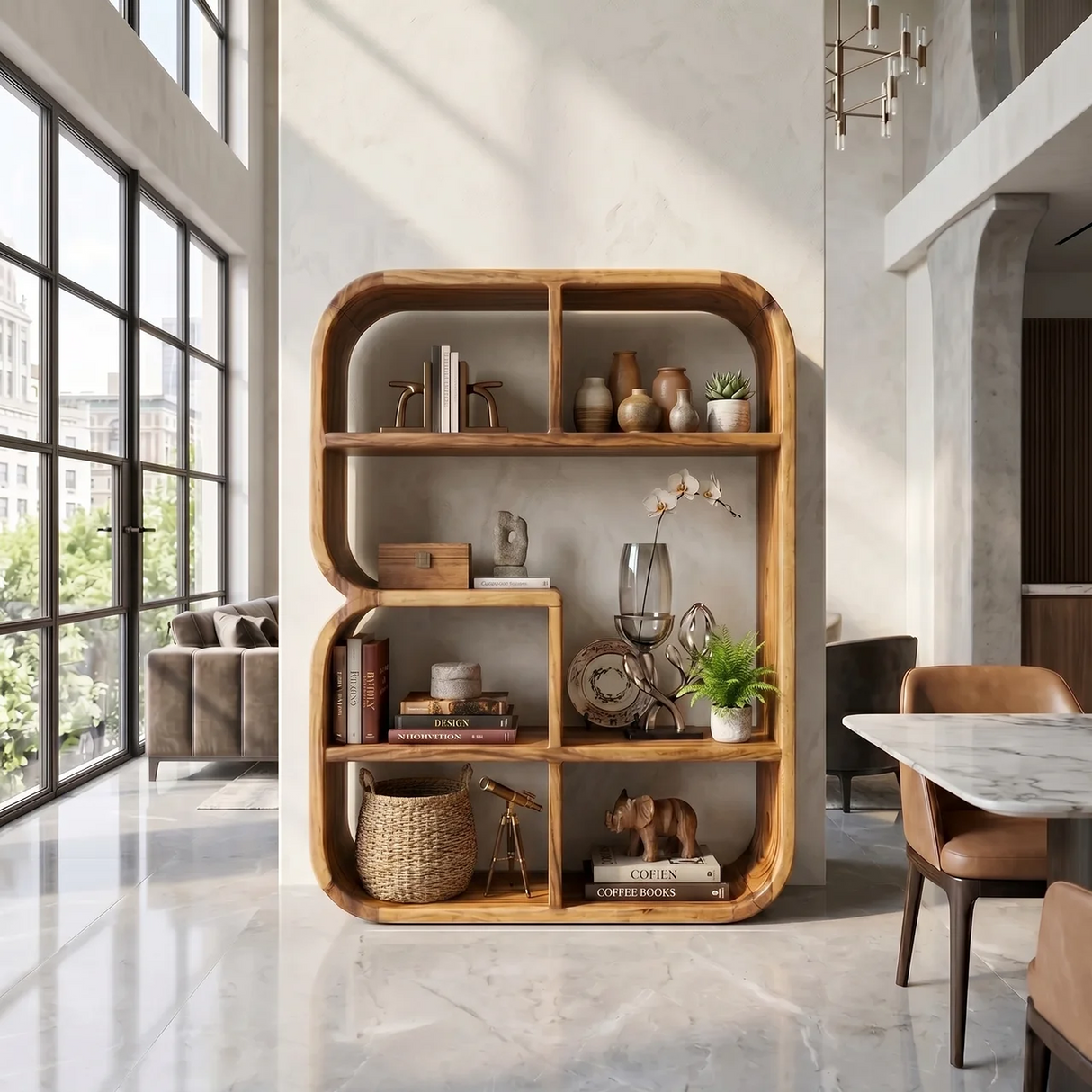 Modern Curved Wooden Bookshelf In Coastal Style