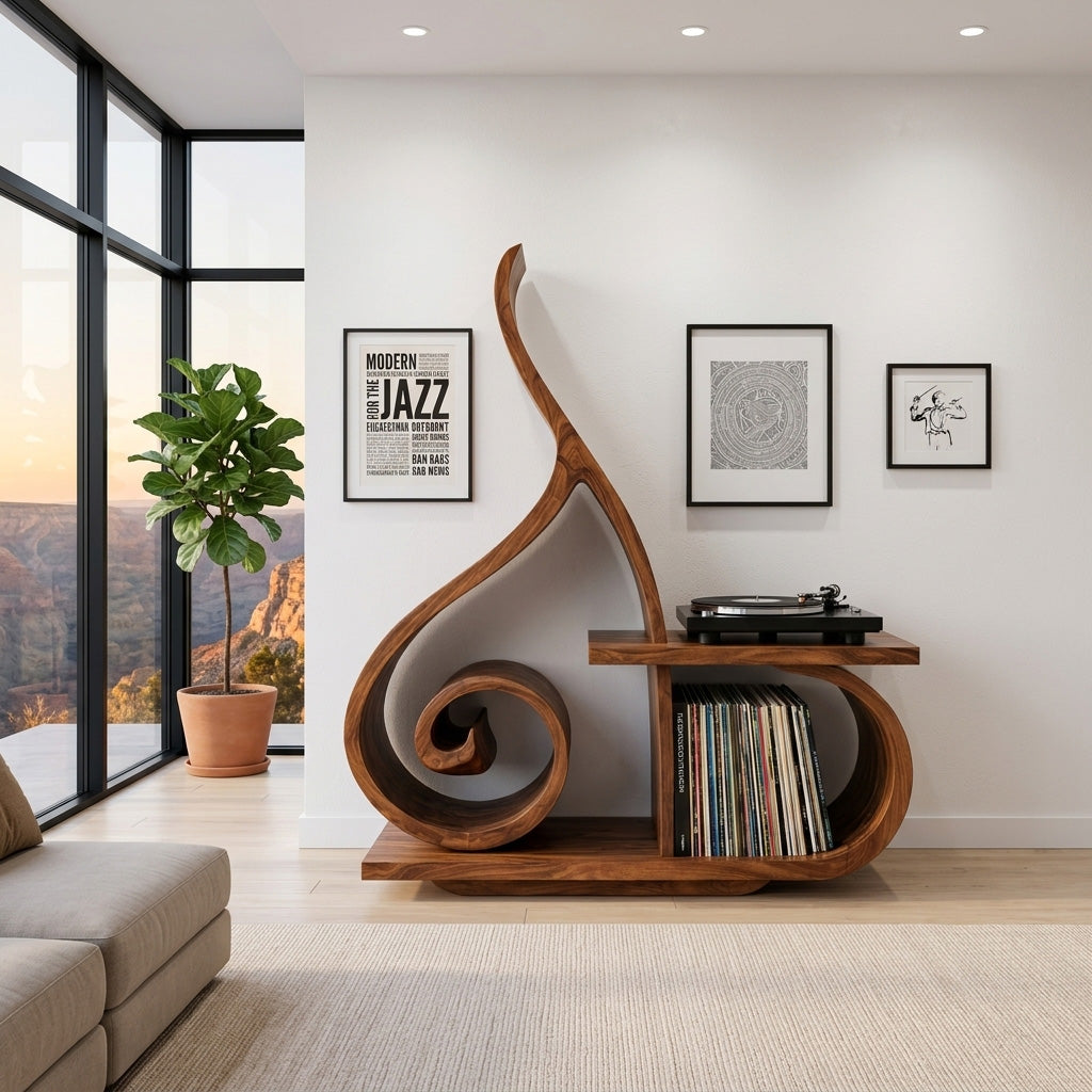 Contemporary Sculptural Wooden Record Player Stand For Living Room