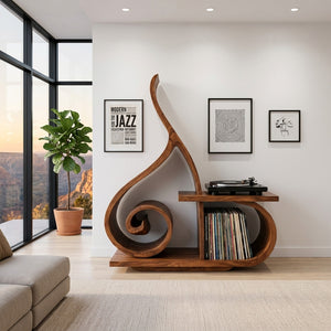 Contemporary Sculptural Wooden Record Player Stand For Living Room