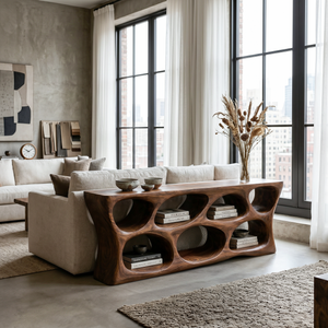 Handcrafted Wooden Console Table With Rounded Open Shelves For Entryway