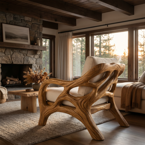 Luxury Organic Wood Lounge Chair with Sculptural Architectural Design