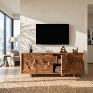 Mountain Carved Media Console For Rustic Living Room