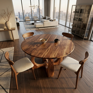 Wooden Round Dining Table With Artistic Base For Dining Room